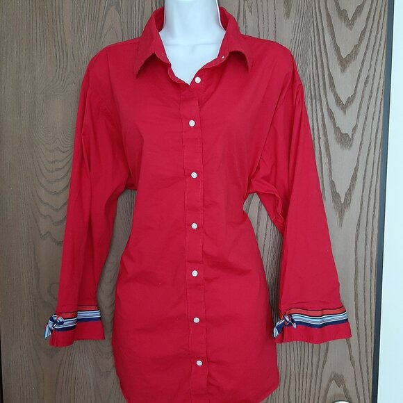 Pearly Vine Stretch Red Ladies Button Up Blouse 3XL Striped Sleeve Collar - Picture 1 of 6
